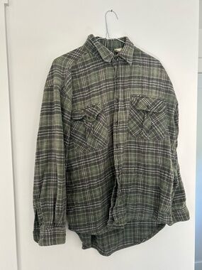 Vintage Diner Classic Green and Grey Plaid Button-Down Shirt, Distressed Flannel